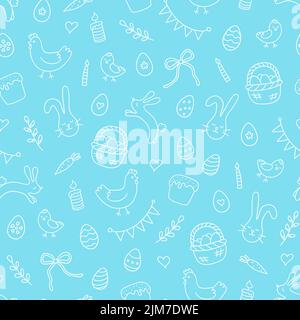 Easter seamless pattern with eggs, rabbits, hens, chicken and other symbol of the great religious holiday. Hand drawn vector illustration Stock Vector