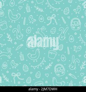 Cute Easter seamless pattern with eggs, rabbits, hens, chicken and other symbol of the great religious holiday. Hand drawn vector illustration Stock Vector