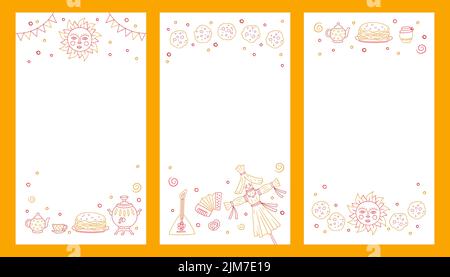 Maslenitsa, Shrovetide, Pancake week. Set of vector illustrations on doodle style for social networks stories. Stock Vector