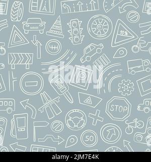 Cars, road objects, traffic signs and automobile symbols. Seamless pattern in doodle style. Vector illustration Stock Vector