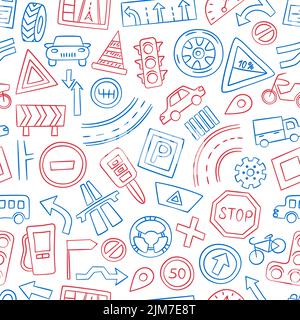 Cars, road objects, traffic signs and automobile symbols. Seamless pattern in doodle style. Vector illustration Stock Vector
