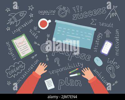 The process of planning steps to success. Motivation, procrastination, inspiration. Symbols of thinking of a plan or strategy. Stock Vector