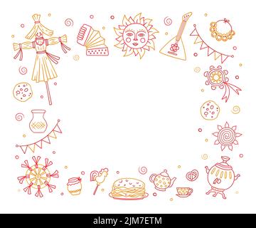 Maslenitsa or Shrovetide. Frame for Wide pancake week. Vector illustration on doodle style Stock Vector
