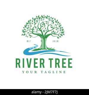 Illustration of a tree with a tributary symbol. Eco-friendly watermark. Green, Save, Energy friendly, Eco friendly, vector logo Stock Vector