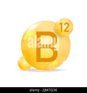 Vitamin B12 golden icon. Drop vitamin pill capsule. Stock Vector