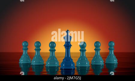 Several blue Chess Pawns lined up with the Chess King at the forefront, the concept of leadership in an organization that requires a leader to lead th Stock Photo