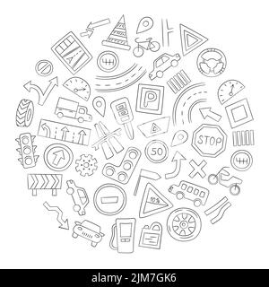 Set of cars, road objects, traffic signs and automobile symbols. Vector illustration in doodle style Stock Vector