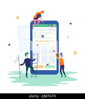 People catching bugs on the mobile app. IT software application testing, quality assurance, QA team and bug fixing concept. Vector illustration in Stock Vector