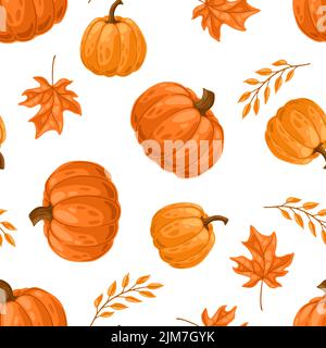 Seamless pattern with pumpkins and leaves. Decorative image of seasonal autumn vegetable and plant. Stock Vector