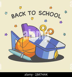 Back to school background with school supplies ball and graduate hat Stock Vector