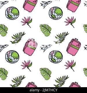 Seamless pattern of suitcase and tropical elements, hand-drawn in sketch style. Hawaii. Leaves and flowers. Large suitcase, airplane, globe, hibiscus Stock Vector