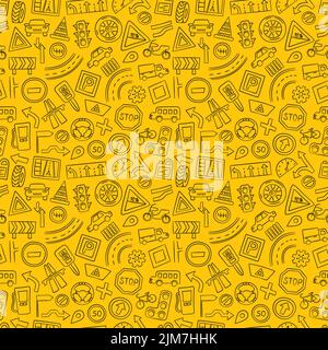Cars, road objects, traffic signs and automobile symbols. Seamless pattern in doodle style. Vector illustration Stock Vector