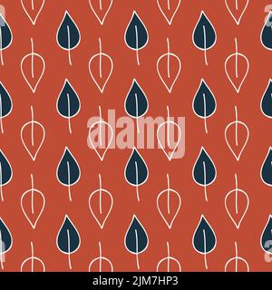 Red terracotta deciduous tree leaf seamless pattern cute trendy hand drawn background for design Stock Vector