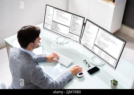 Work From Home On Multiple Computer Screen Stock Photo