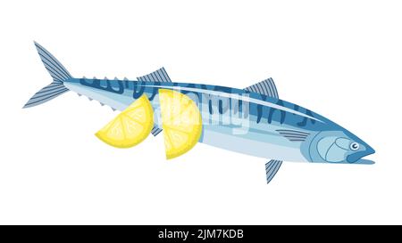 Sea fish mackerel with lemon. Cooking delicious food. Natural product. Useful and healthy food. Flat vector illustration isolated on a white backgroun Stock Vector