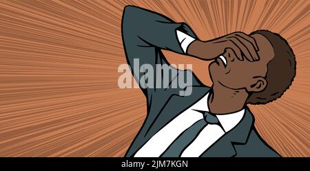 The young man is in great despair. African American. Desperate hand gesture, stress, tragedy and failure. Negative emotion. Cartoon vector illustratio Stock Vector