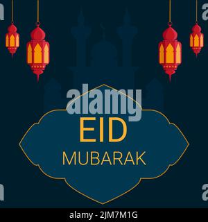 Arab lanterns against the background of the silhouette of an Arab building with a figured place for the inscription EID MUBARAK Stock Vector