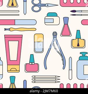 Manicure tools and accessories. A set of elements on the topic of nail manicure. Seamless pattern. Vector Stock Vector