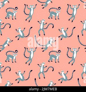 Exotic lemurs with long striped tails. Vector seamless pattern design. Cute animals isolated Stock Vector