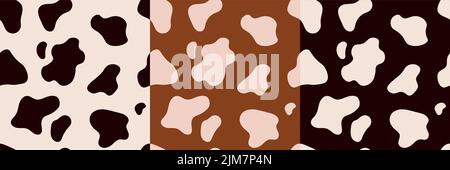 Vector set of three seamless patterns of cow skin. Animal skin template. Spotted cow texture of different colors Stock Vector