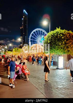 A vertical shot of Asiatique: The Riverfront, a large open-air mall in Bangkok, Thailand Stock Photo
