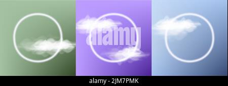 Set of cards with neon circles and realistic vector clouds Stock Vector