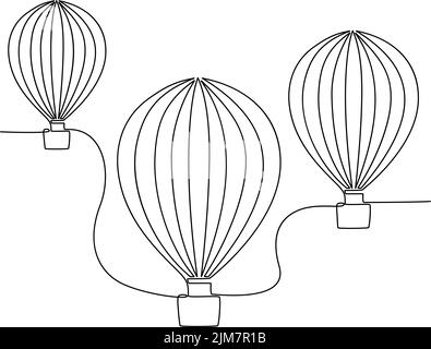 Continuous line drawing of flying three hot air balloons. Vector illustration Stock Vector