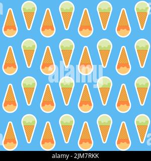 Orange green scoop of sorbet ice cream in a waffle cone on a blue background for design Stock Vector