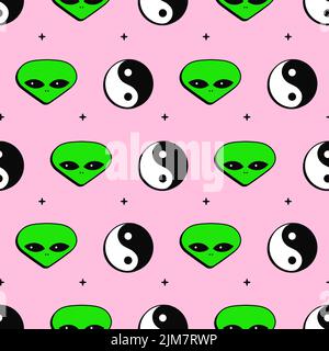 Yin Yang and alien face seamless pattern.Vector cartoon character illustration icon design.Yin Yang,alien face,ufo seamless pattern wallpaper concept Stock Vector