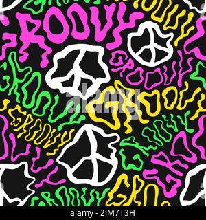 Deformed wavy groovy word and peace sign seamless pattern wallpaper.Vector graphic character illustration.Groovy,trippy lettering,lsd,acid,60s,70s,psychedelic seamless pattern wallpaper print concept Stock Vector