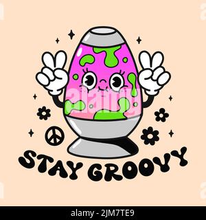 Cute funny lava lamp t-shirt print design. Stay groovy slogan . Vector retro vintage cartoon character illustration art.Funny lava lamp,60s,70s,hippie print for t-shirt,poster,sticker,logo art concept Stock Vector