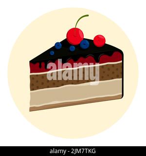 Piece of cake with dark chocolate icing. Pie decorated with cherries and blueberries. Cartoon vector isolated on white background Stock Vector