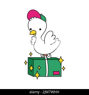 Funny bird delivery box. Vector trendy doodle cartoon style character illustration icon. Isolated on white background Stock Vector