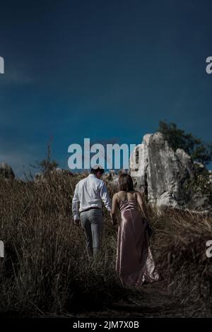 A rear view of young couple in mountains Stock Photo