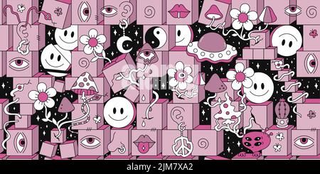 Space trippy 60s style psychedelic geometry seamless pattern art.Vector crazy illustration.Smile emoji faces,magic mushrooms,space,techno,acid,trippy style seamless pattern wallpaper print concept Stock Vector