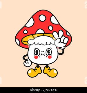 Cute funny amanita mushroom show peace gesture t-shirt print design. Vector retro vintage cartoon character illustration. Funny hippie mashroom print for t-shirt,poster,sticker,logo art concept Stock Vector