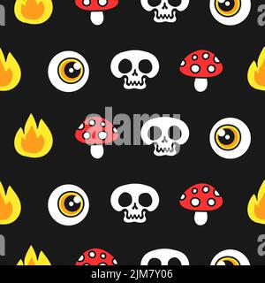 Skull,amanita mushroom,eye and flame seamless pattern,wallpaper.Vector hand drawn cartoon character illustration.Skull,fire,flame,eye,amanita mushroom seamless pattern wallpaper print Stock Vector