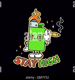 Funny lighter with weed joint t-shirt print design.Stay high quote.Vector logo cartoon character illustration.Green lighter,smoke weed,joint,marijuana print for t-shirt,poster,sticker,logo art concept Stock Vector