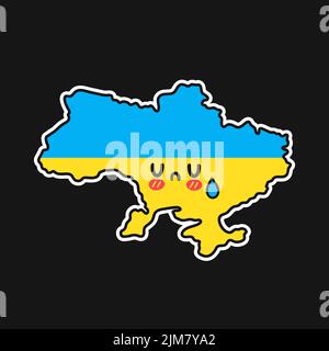 Sad cry funny Ukraine map and flag character. Vector flat line cartoon kawaii character illustration icon. Ukraine cry concept Stock Vector