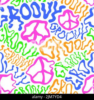 Deformed wavy groovy word and peace sign seamless pattern wallpaper.Vector graphic character illustration.Groovy,trippy lettering,lsd,acid,60s,70s,psychedelic seamless pattern wallpaper print concept Stock Vector