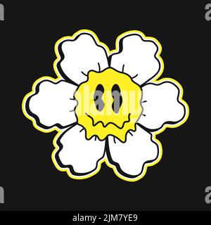 Funny melt smile flower chamomile face print for t-shirt.Vector crazy cartoon character illustration.Smile techno face,melting,acid,trippy,techno,flower t-shirt,poster,sticker,badge print concept Stock Vector