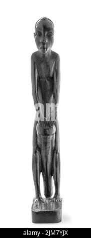 Wooden African statue of a skinny man working playing percussion, isolated on white Stock Photo