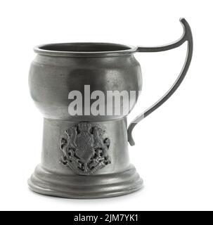 Antique pewter pitcher, with engraved Coat of Arms, isolated on white background Stock Photo
