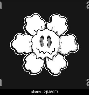 Funny melt smile flower chamomile face print for t-shirt.Vector crazy cartoon character illustration.Smile techno face,melting,acid,trippy,techno,flower t-shirt,poster,sticker,badge print concept Stock Vector