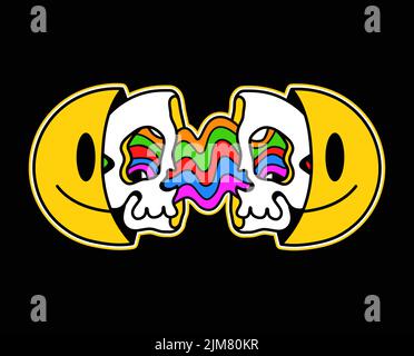 Two half of skull face,smile face,vibrant rainbow.Vector hand drawn doodle 90s style cartoon character illustration.Isolated on white background.Trippy doodle skull,smile face concept Stock Vector