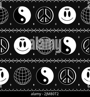 Yin Yang,sphere,smile face,peace signs seamless pattern wallpaper.Vector line graphic illustration logo design.Yin yang,earth sphere,smile face,hippie peace symbol,techno seamless pattern background Stock Vector