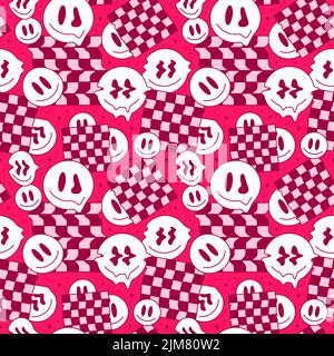 Funny melt smile faces geometry seamless pattern.Vector crazy cartoon character illustration.Smile techno faces melting acid,trippy,cells,techno,space seamless pattern wallpaper print concept Stock Vector