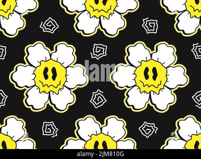 Funny melt smile flower chamomile faces seamless pattern.Vector crazy cartoon character illustration.Smile techno faces melting acid,trippy,techno,flower seamless pattern wallpaper print concept Stock Vector