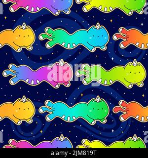 Cute funny unicorn cats fly in space seamless pattern,wallpaper,background.Vector doodle cartoon kawaii character illustration. Cute happy unicorn cats,cosmos,univerce seamless pattern art concept Stock Vector