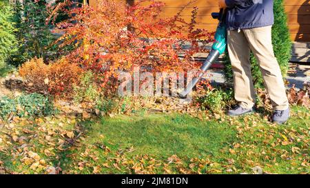 Leaves blower using process. The gardener cleans the house territory. Work in the garden with an electric blower. A gardener with a blower cleans the Stock Photo
